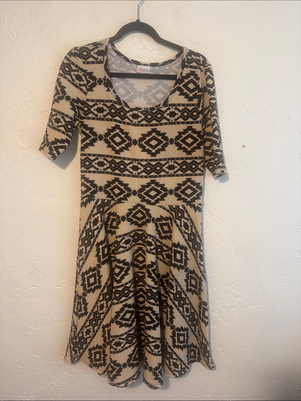 Women's Tan and Black Aztec Fit & Flare Dress